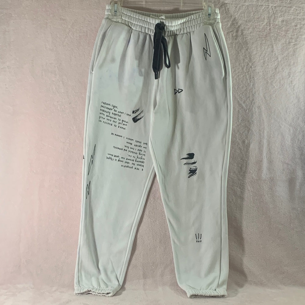 Fabletics Maddie Unisex Stylish White with Black Graphic Jogger Pants